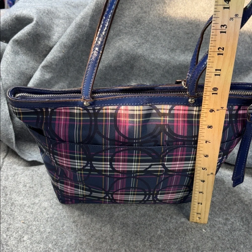 Coach Poppy leather trim Tartan Plaid Signature Bag Pink Purple Black Purse Bag